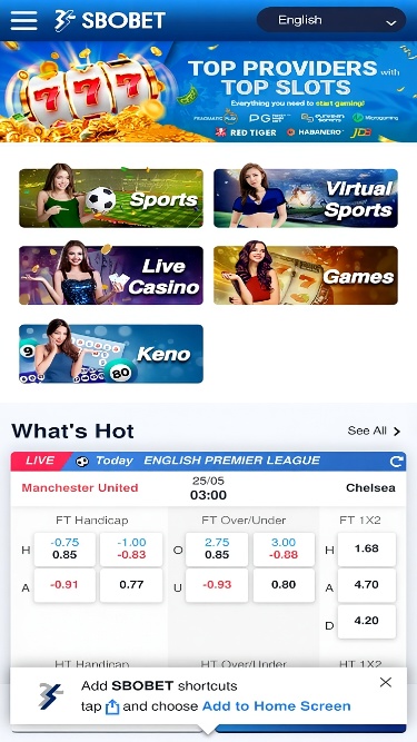 Sbobet "What's Hot" Section Screenshot of Sbobet’s "What's Hot" page featuring trending events, highlighted odds, and current promotions.