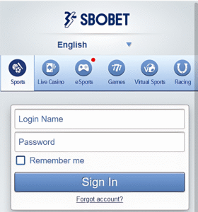 Sbobet login form with fields for username and password and options for session memory and account recovery.